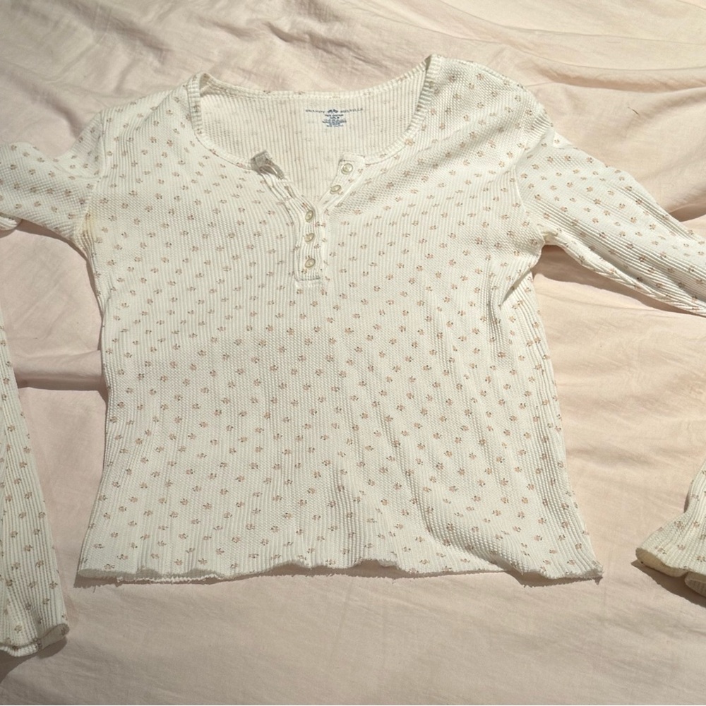 Brandy Melville Cream Long Sleeve Henley with Floral Pattern